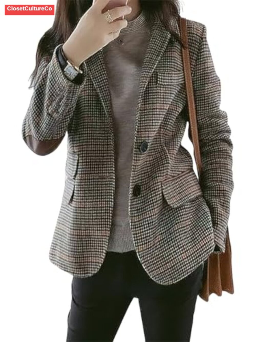 Wool Blend Plaid Blazer Slim Fit Notched Lapel Long Sleeve Elbow Patch